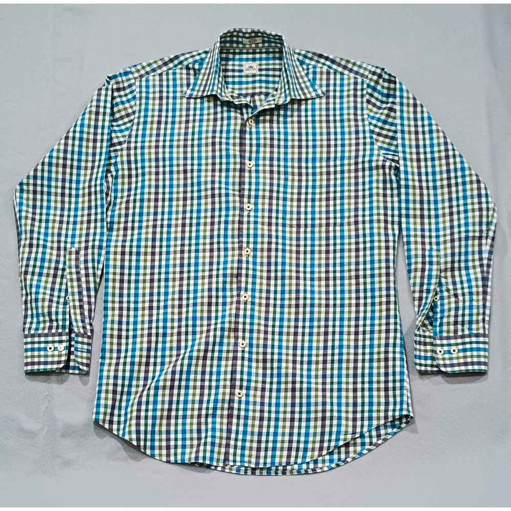 Peter Millar Men's M Blue/Green Plaid Cotton Button-Down Long Sleeve Shirt
